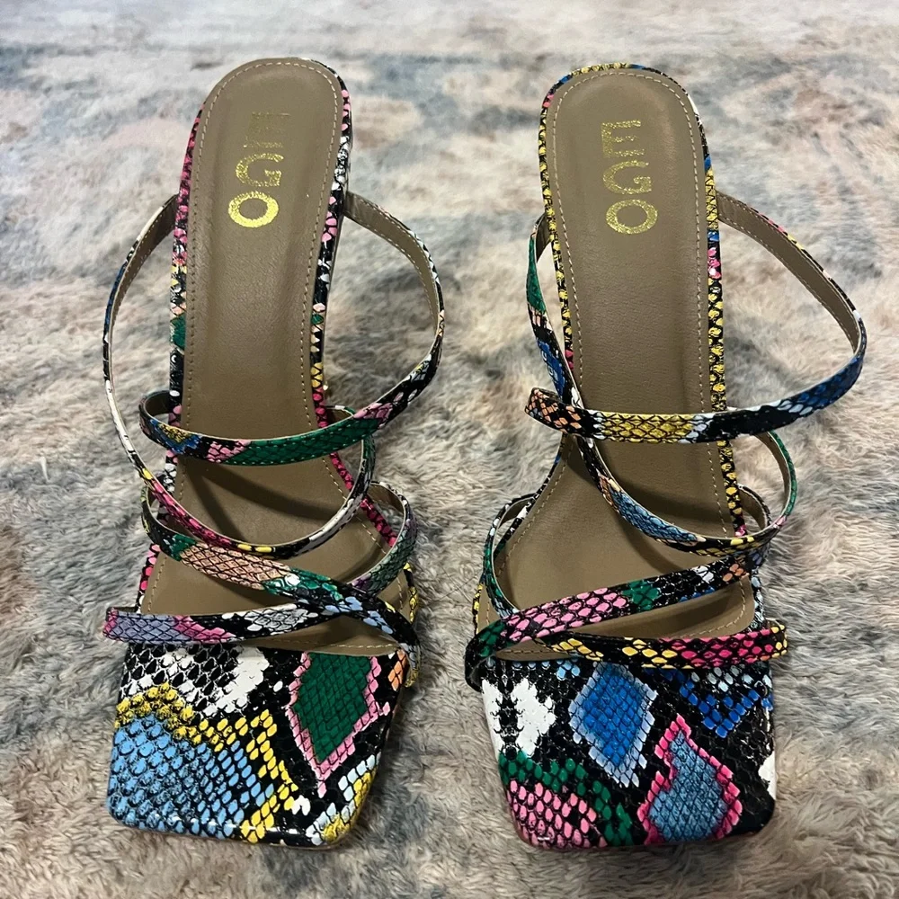 EGO Multicolor cross strap square toe mule snake print faux leather heels - Picture 3 of 4